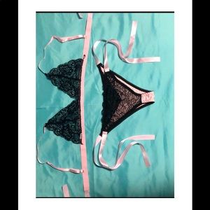 SHEIN SXY lingerie pink and black ribbon tie lace bralette and panties.